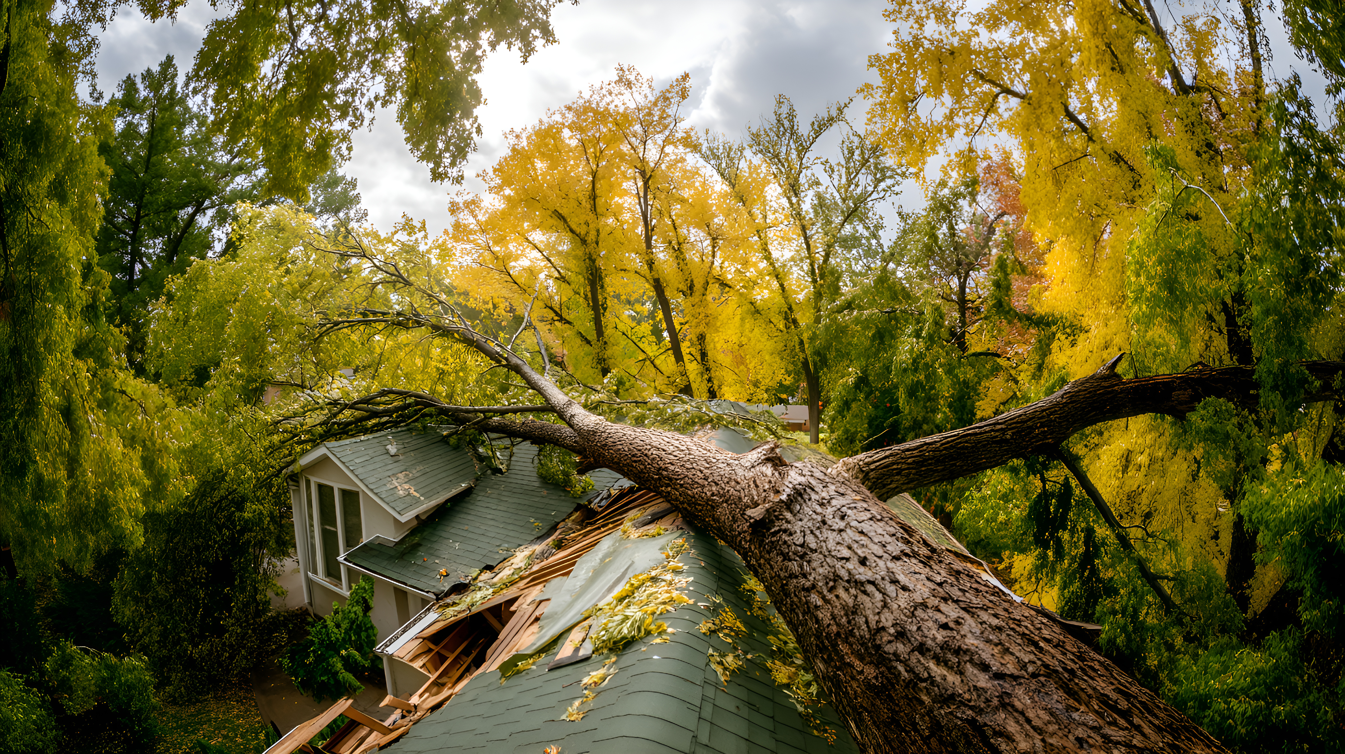 Storm damage roof repair with fallen tree on home in Wilmington NC.